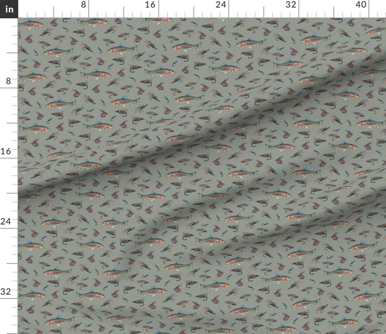 Fly Fishing Sage Green Rainbow Trout Fish Sports Alpine River Custom Printed Fabric by Spoonflower Various Fabrics by the Yard or Fat Quarter